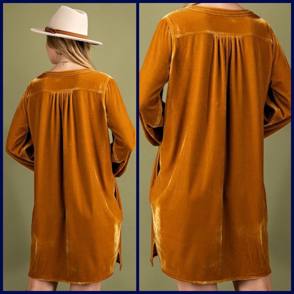 EASEL Long Sleeve Luxury Soft Velvet V-Neck Dress With Balloon Sleeve & Pockets - Picture 3 of 16